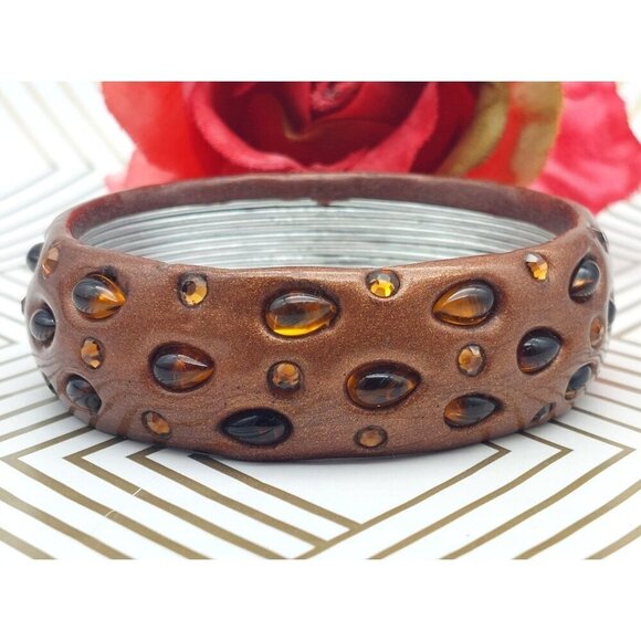 Bronze Color & Amber Glass Small Wrist Unique Bangle Bracelet Boho Brown - Picture 4 of 7